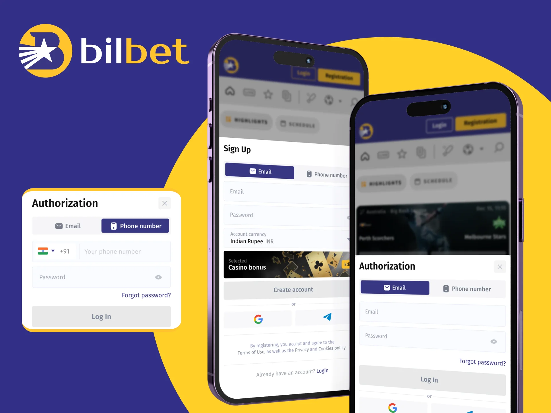 In the Bilbet online casino application on your phone you can quickly create a new account or log in.