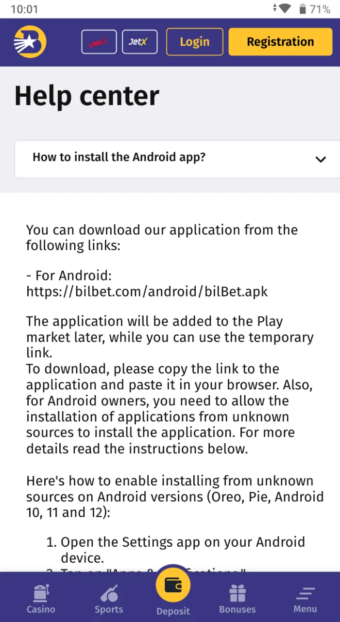Download the Bilbet online casino application on the official website.