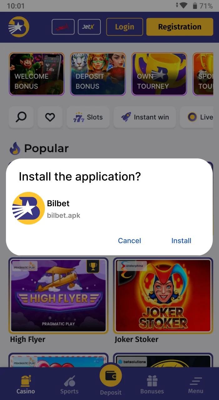 Upload the file to install the Bilbet online casino application.