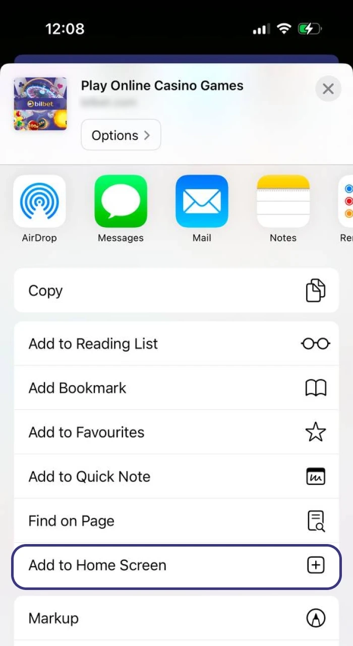 Find the option to add to Bilbet's home screen.