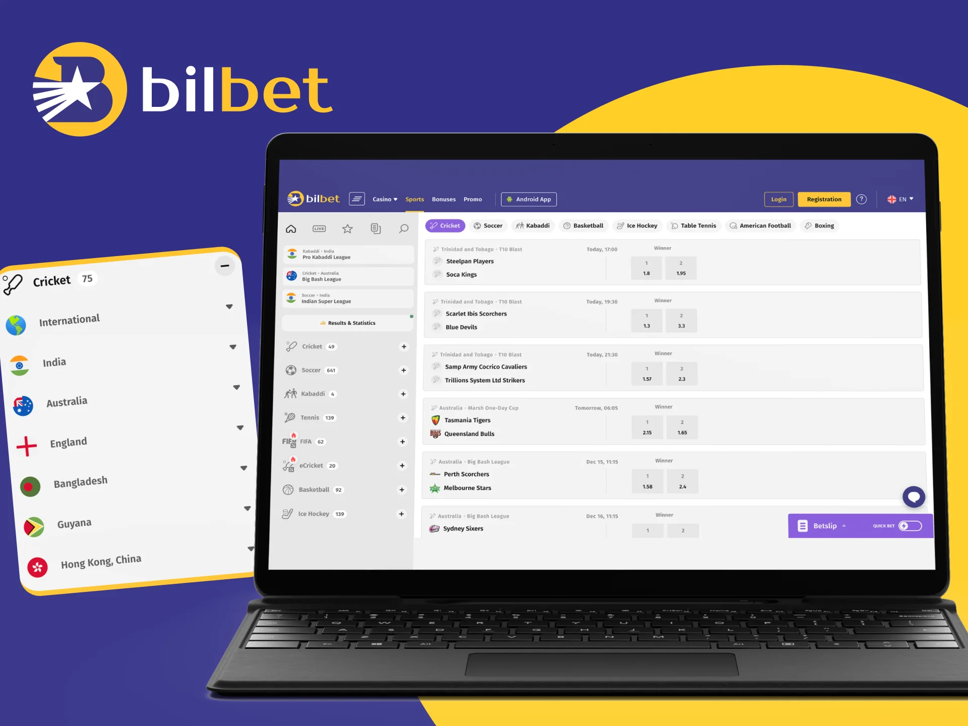 Place bets on cricket at Bilbet online casino.