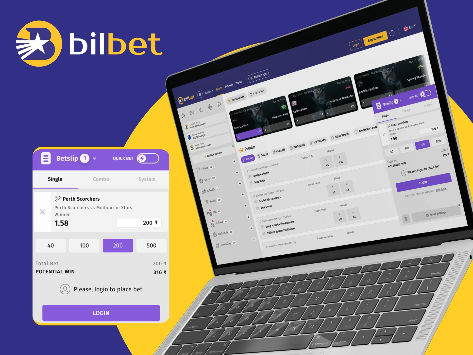Go to the sports section and place bets at the Bilbet online casino.