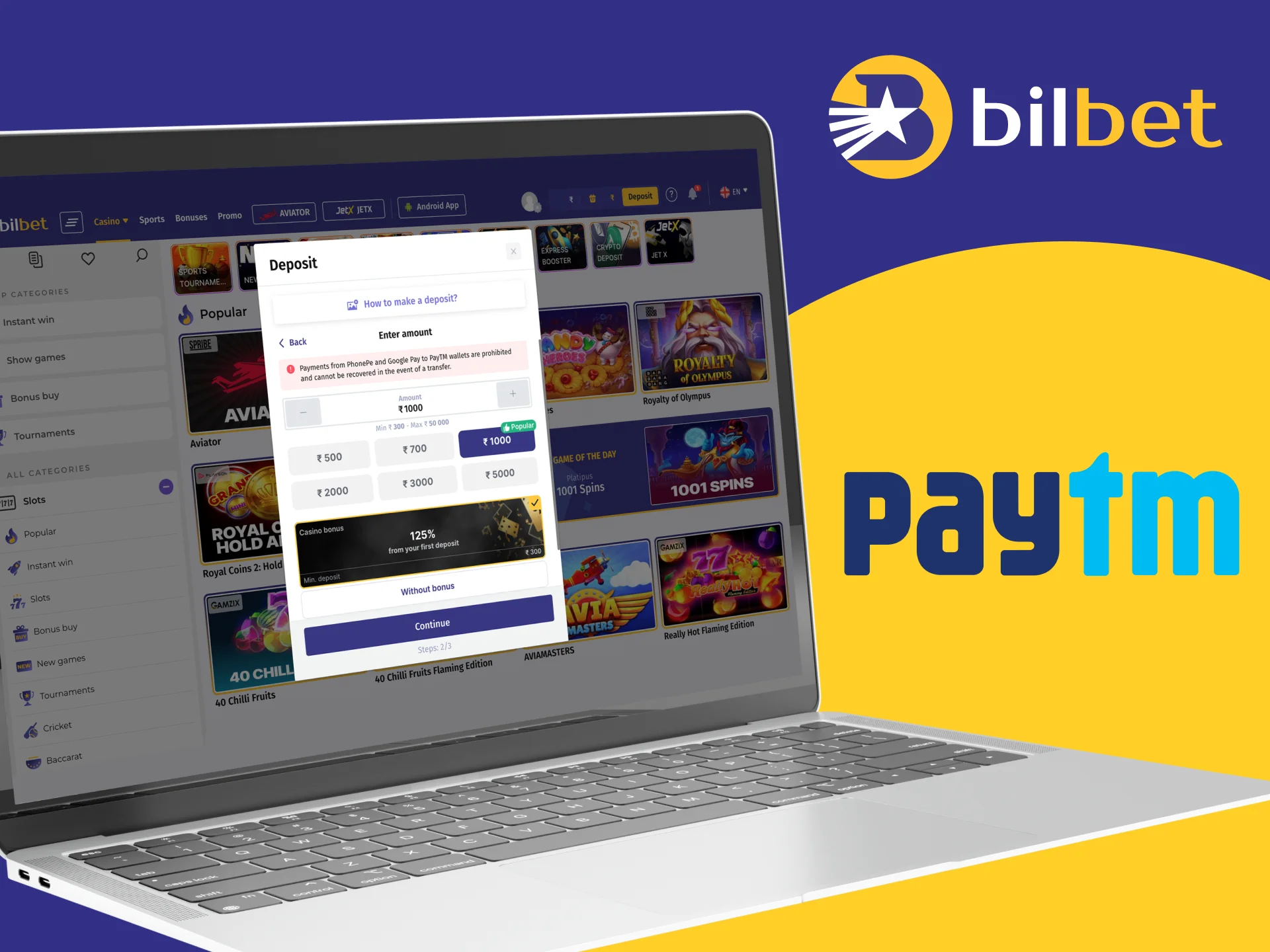 On the Bilbet online casino website, a player can use the PayTM payment system to make a deposit.