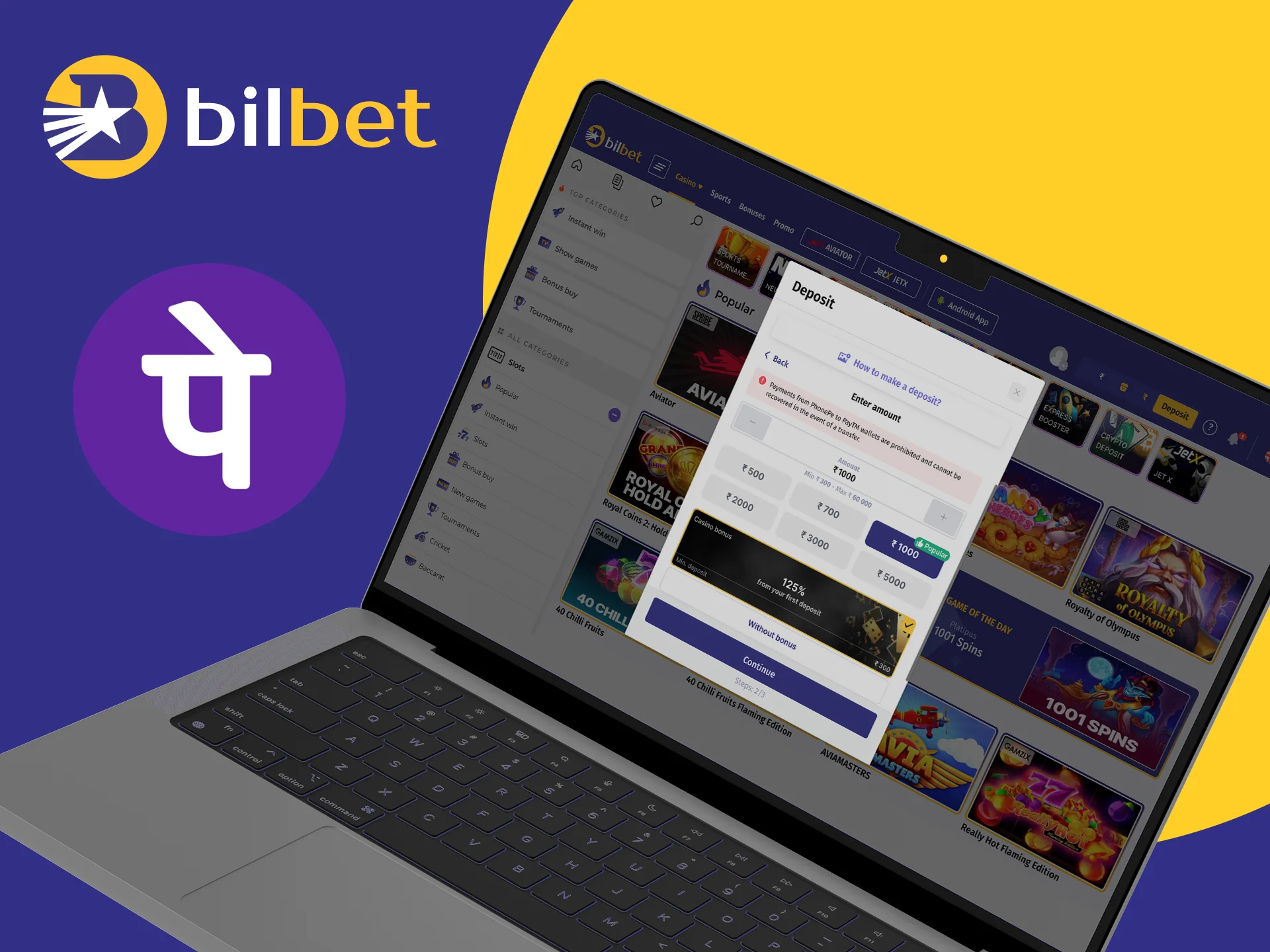 Instructions for using the PhonePe payment system on the Bilbet online casino website.
