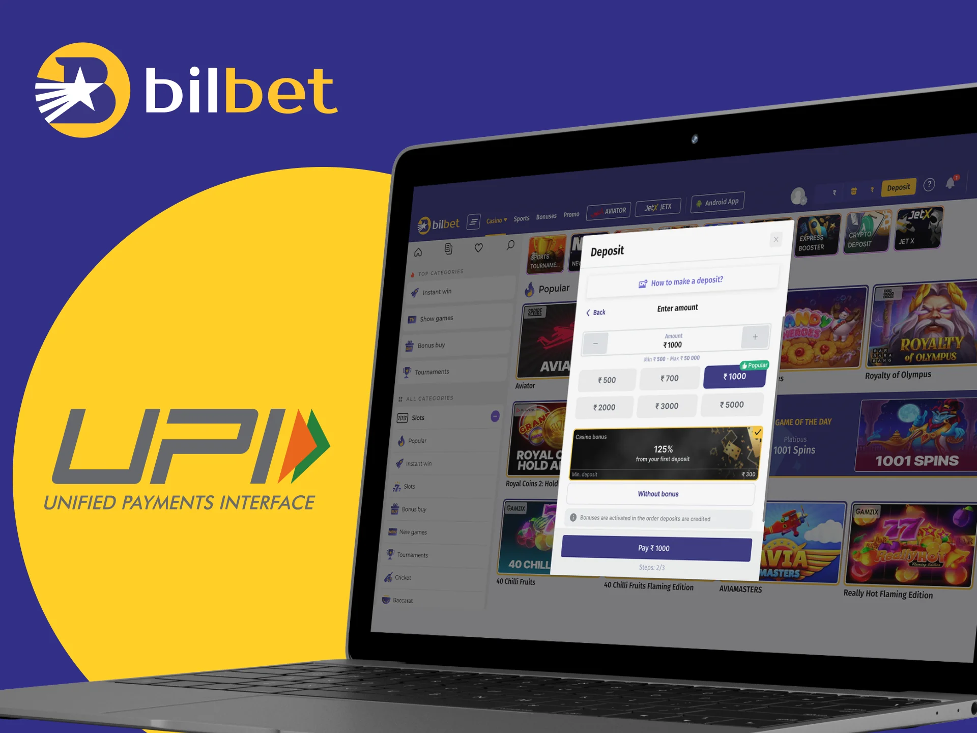 The UPI payment system is available on the Bilbet online casino website.