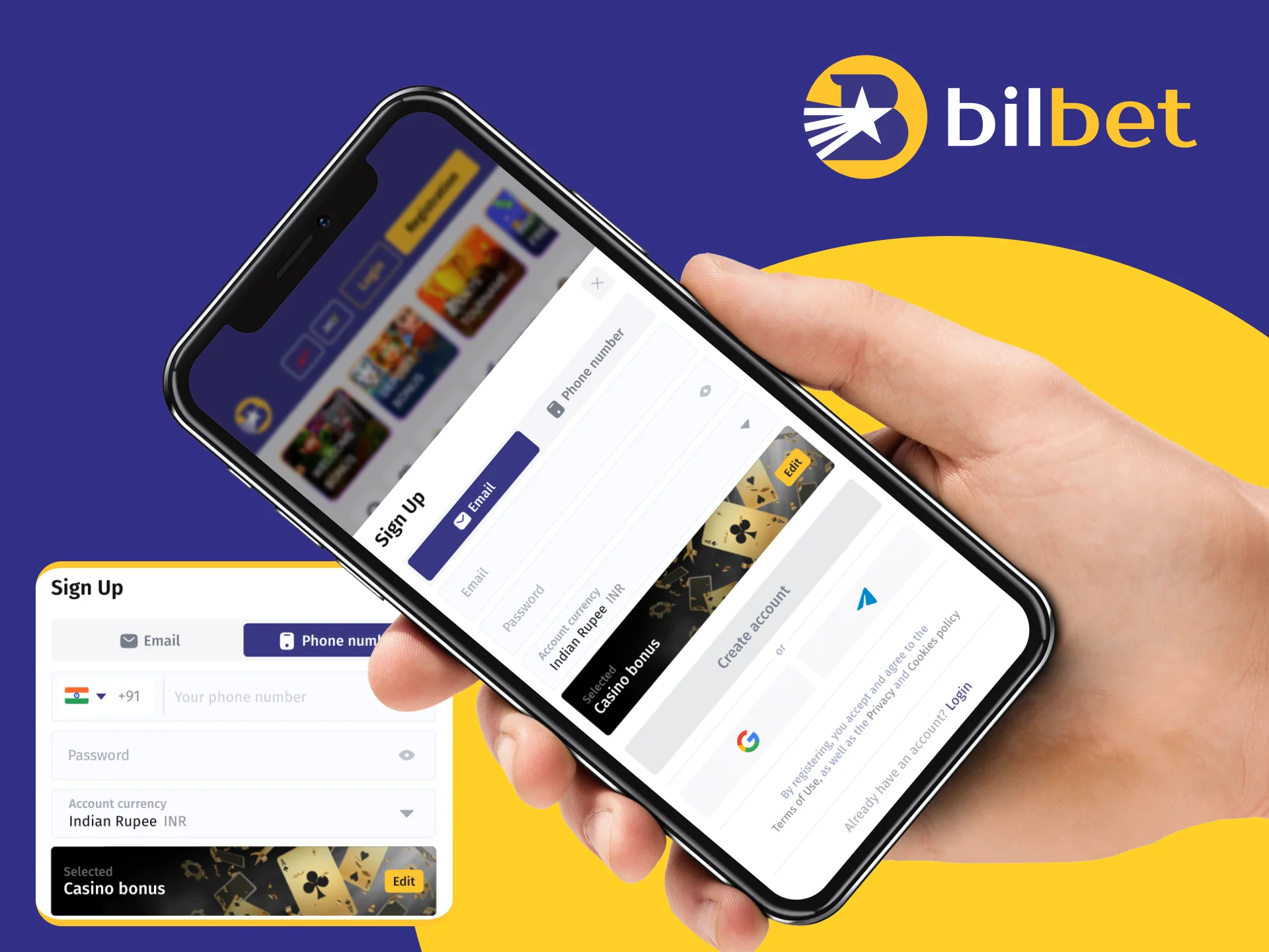 You can create a new account at the Bilbet online casino on your phone.