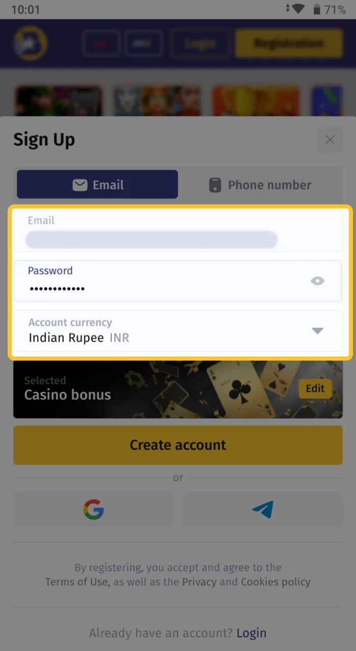 Fill in the required information to register on the Bilbet online casino website.