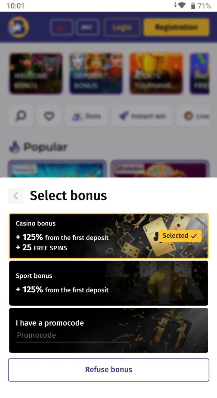 When registering on the Bilbet online casino website, you can choose a bonus.